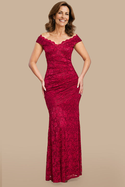 Off The Shoulder Scalloped Neck Maxi Dress - Wine by Goddiva