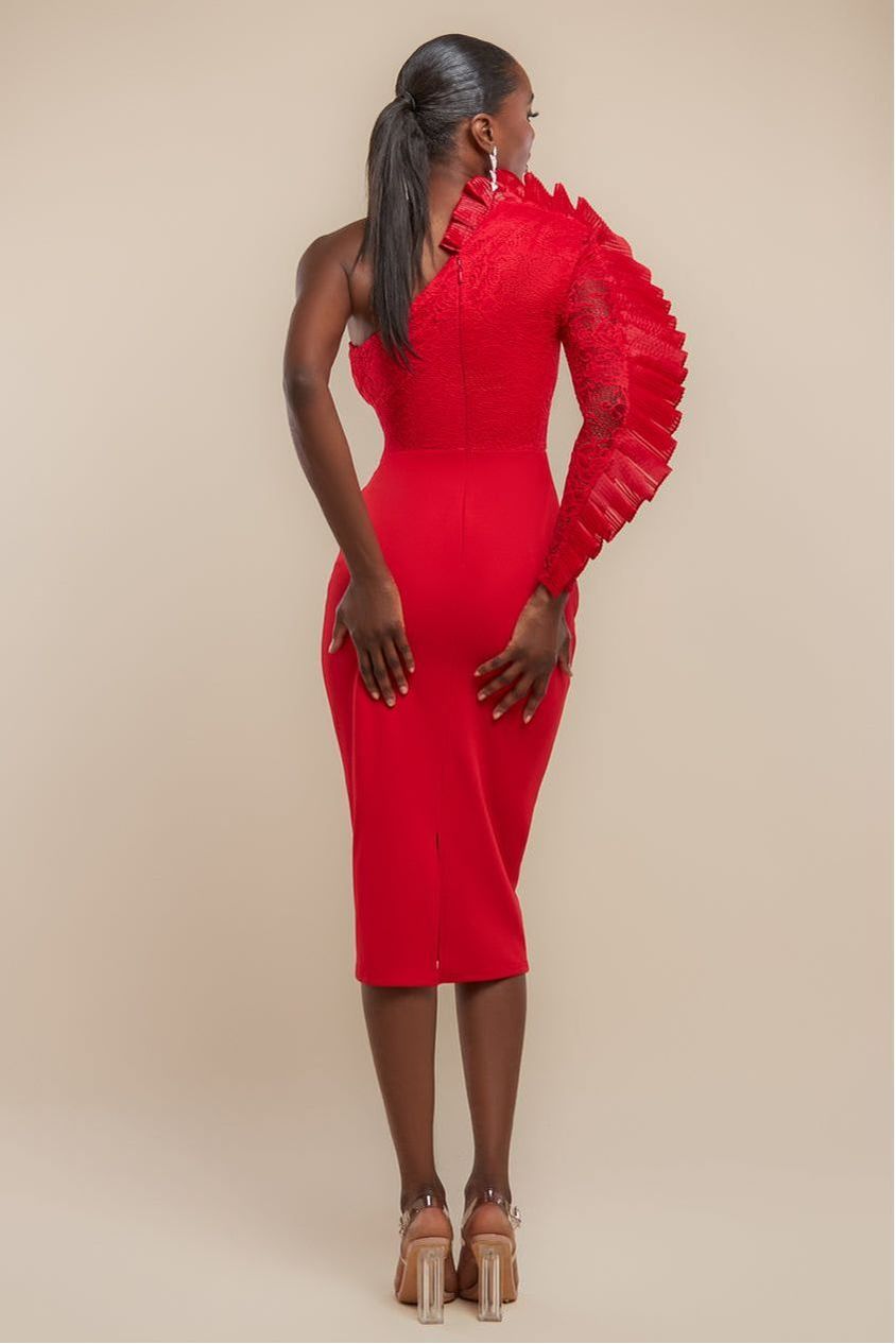 One Shoulder Organza  Fan Detail Lace Bodice Midi Dress - Red DR4607