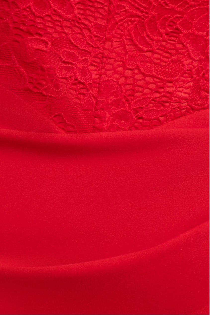 One Shoulder Organza  Fan Detail Lace Bodice Midi Dress - Red DR4607