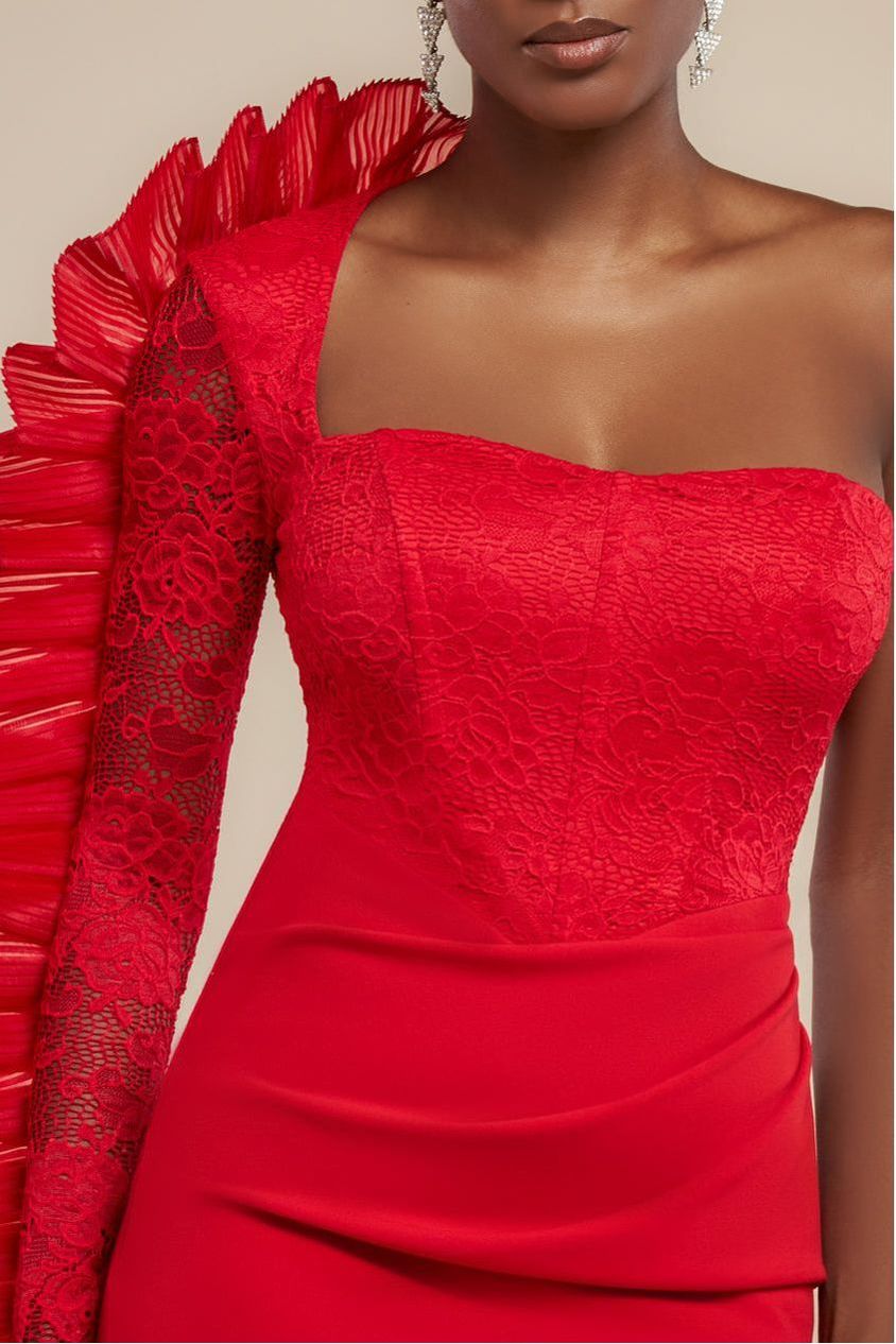 One Shoulder Organza  Fan Detail Lace Bodice Midi Dress - Red DR4607