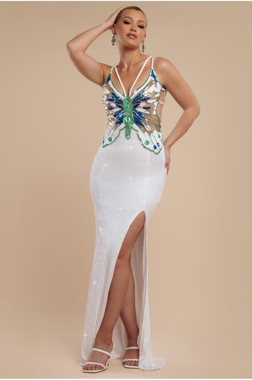 Sequin Butterfly Front Split Maxi Dress - White DR4609