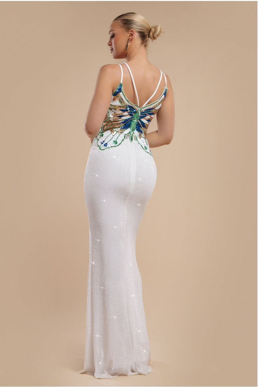 Sequin Butterfly Front Split Maxi Dress - White DR4609