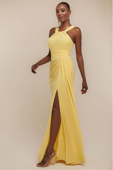 Halterneck Thigh Split Chiffon Maxi Dress - Lemon by Goddiva