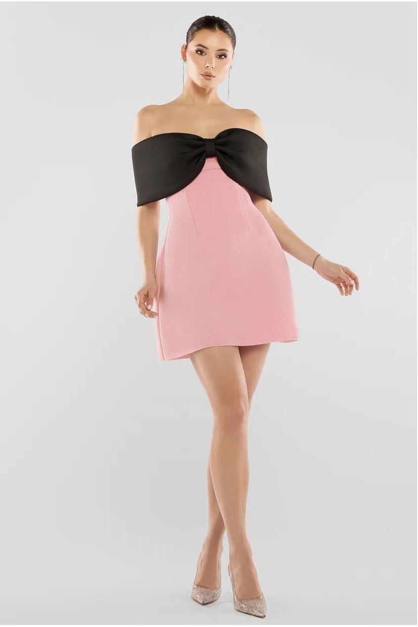 Front Bow Off The Shoulder Mini Dress - Blush Black DR4613CONTRAST