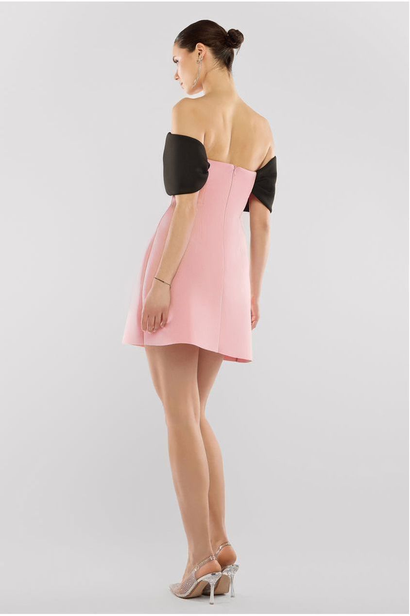 Front Bow Off The Shoulder Mini Dress - Blush Black DR4613CONTRAST
