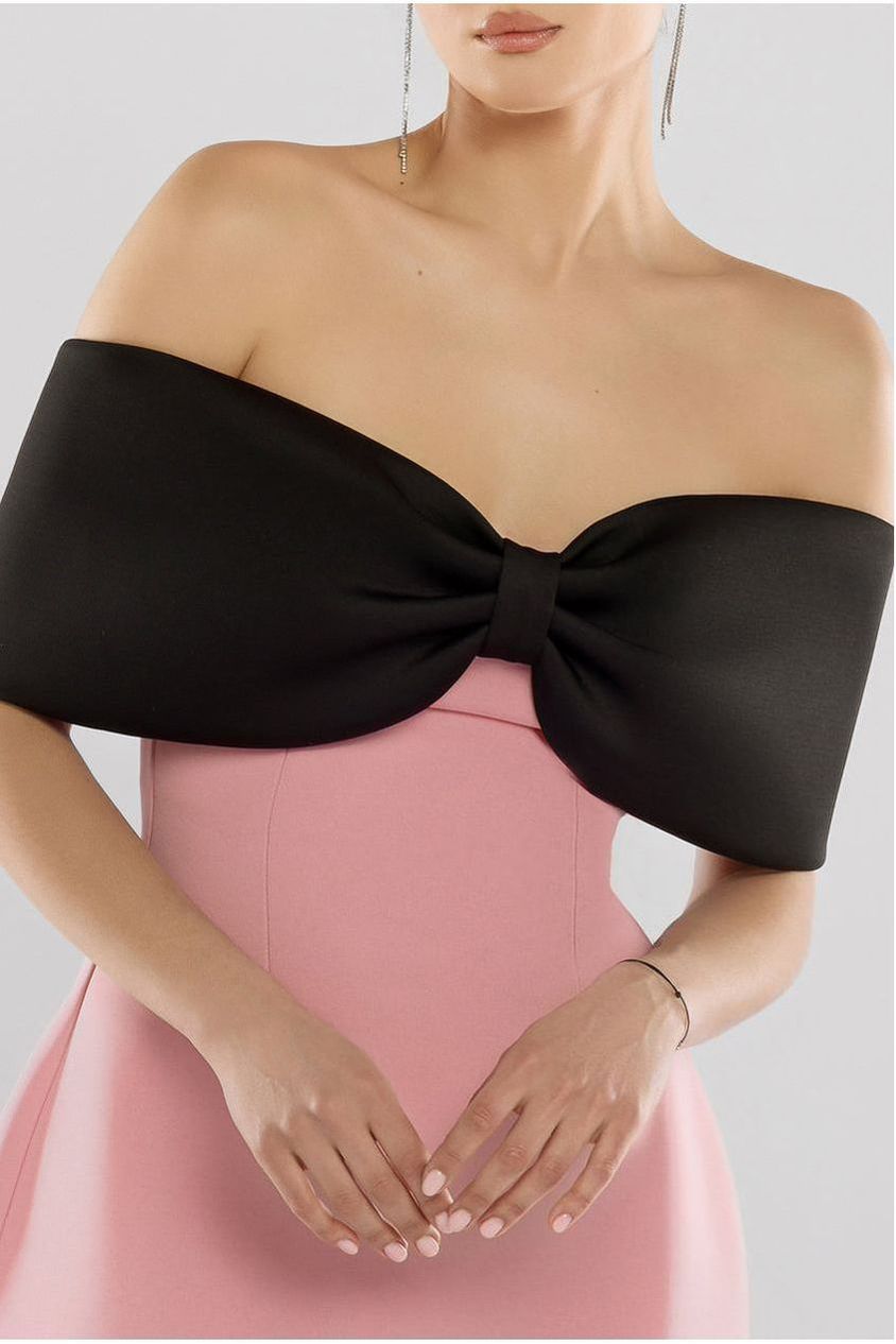 Front Bow Off The Shoulder Mini Dress - Blush Black DR4613CONTRAST