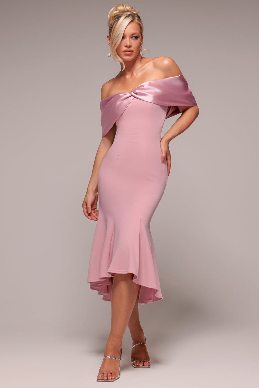 Twist Knot Satin & Scuba Bardot High Low Midi Dress - Blush Pink DR4617