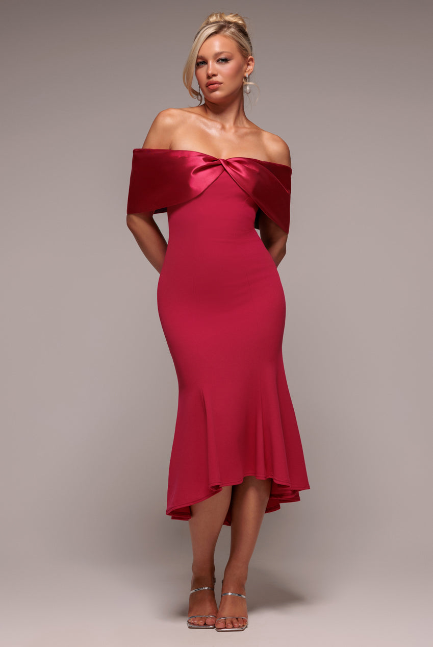 Twist Knot Satin & Scuba Bardot High Low Midi Dress - Magenta DR4617