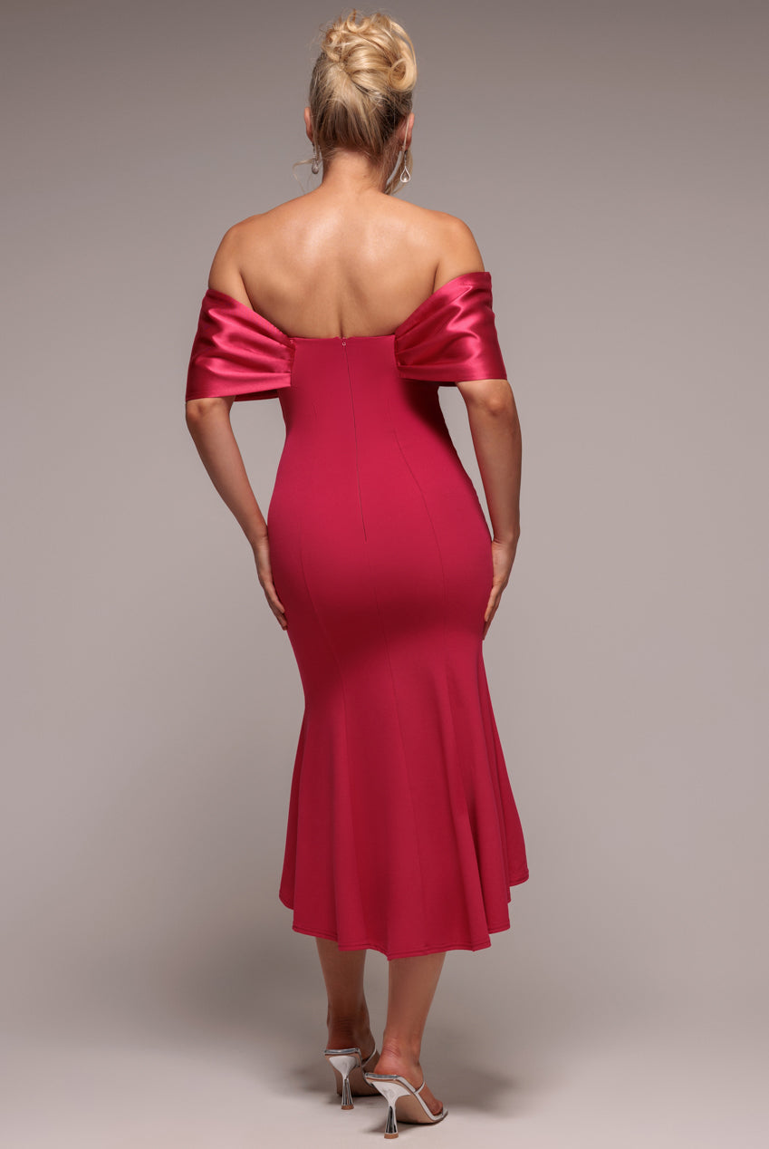 Twist Knot Satin & Scuba Bardot High Low Midi Dress - Magenta DR4617
