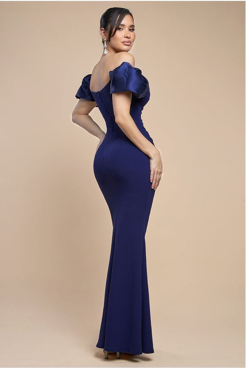 Puffy Satin  Sleeve Scuba Maxi Dress - Navy Blue DR4622