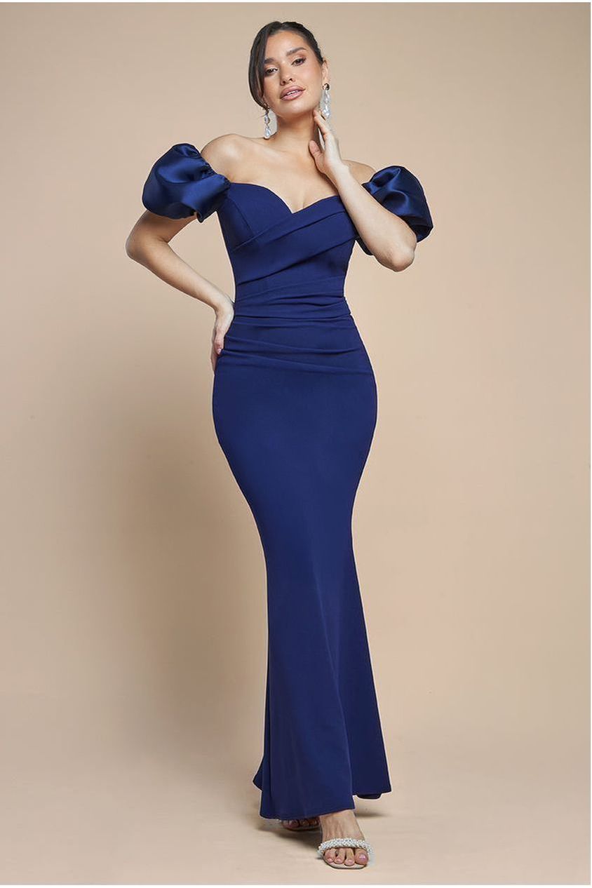 Puffy Satin  Sleeve Scuba Maxi Dress - Navy Blue DR4622
