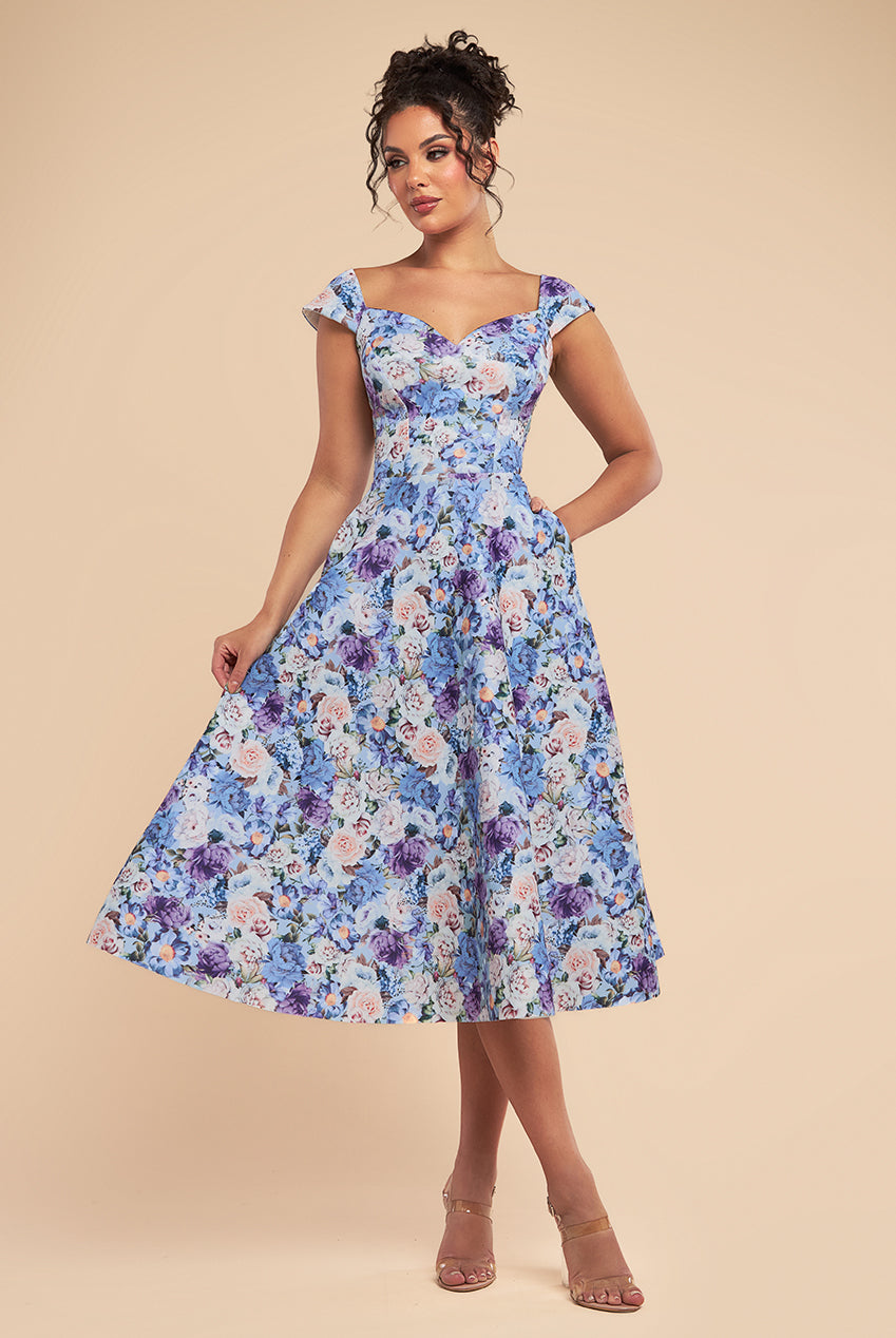 Floral Print A-Line Sweetheart Midi Dress - Powder Blue DR4635