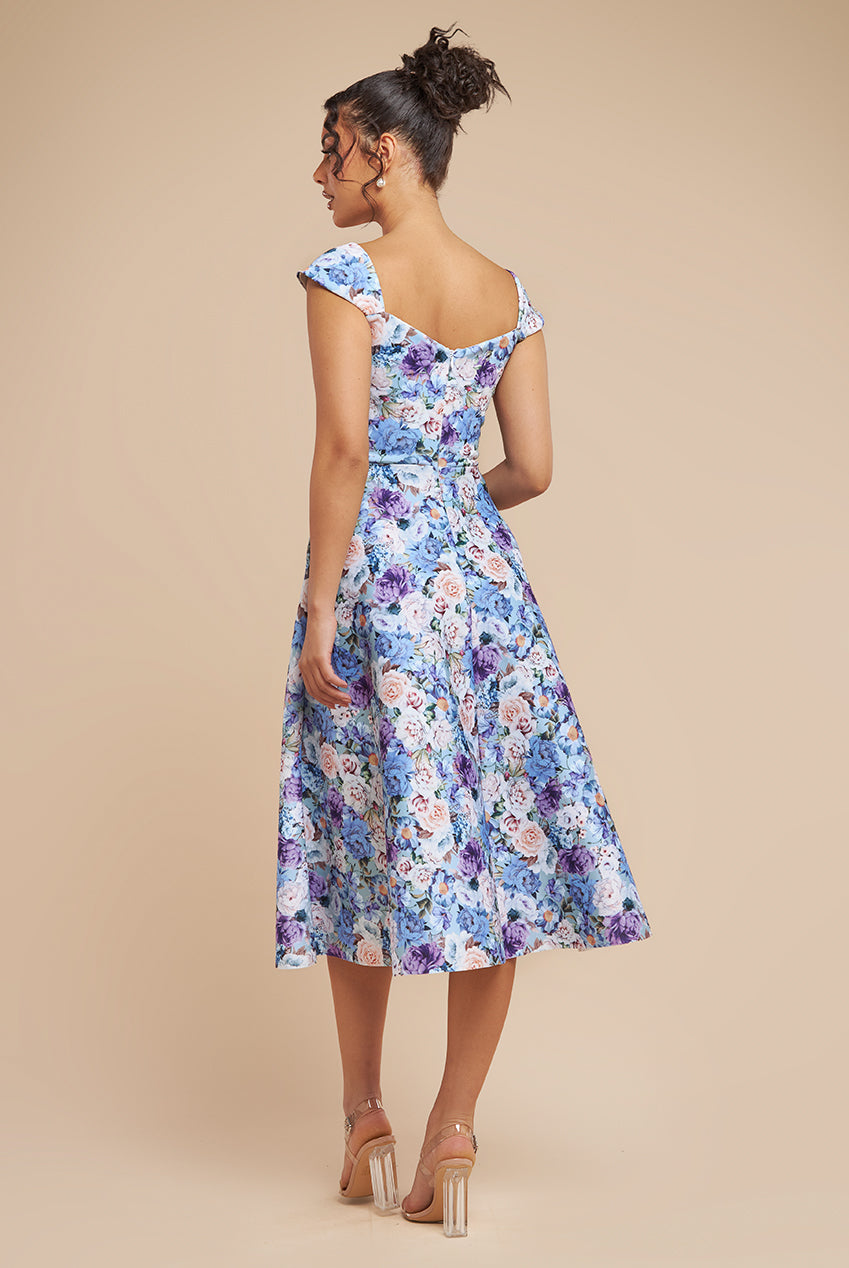 Floral Print A-Line Sweetheart Midi Dress - Powder Blue DR4635