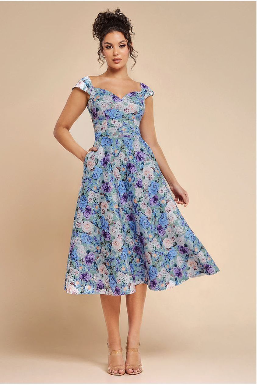 Floral Print A-Line Sweetheart Midi Dress - Sage Green DR4635