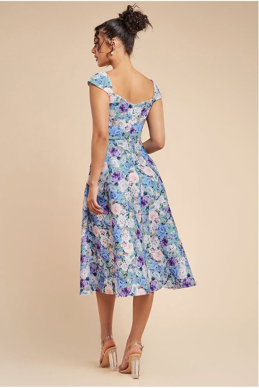 Floral Print A-Line Sweetheart Midi Dress - Sage Green DR4635