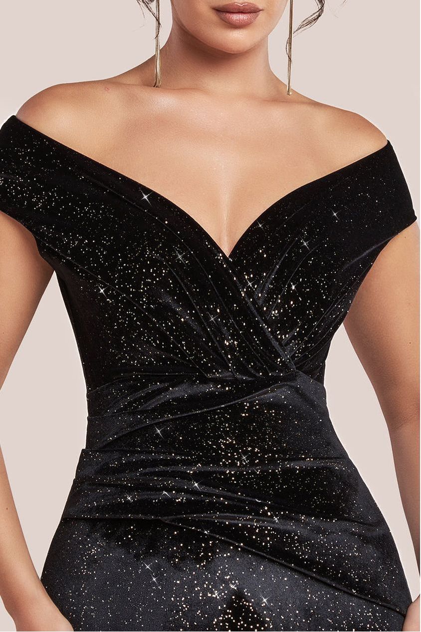 Shimmer Velvet Bardot Maxi Dress - Black Gold DR4643