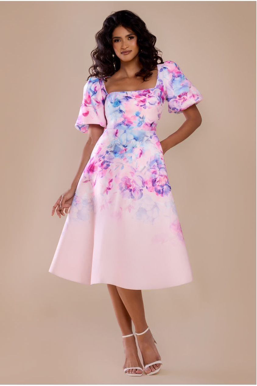 Printed Scuba Square Neck Puff Sleeve Midi Dress - Blush Pink DR4650