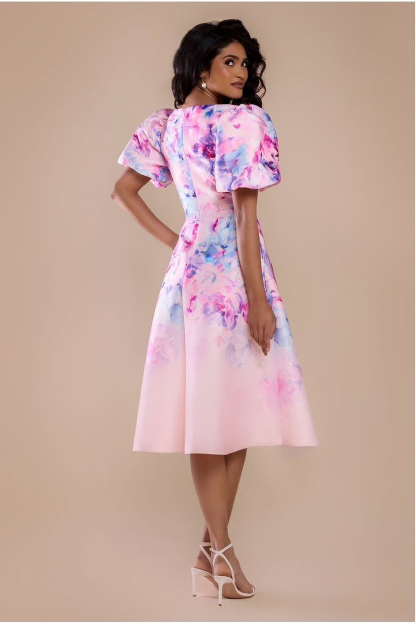 Printed Scuba Square Neck Puff Sleeve Midi Dress - Blush Pink DR4650