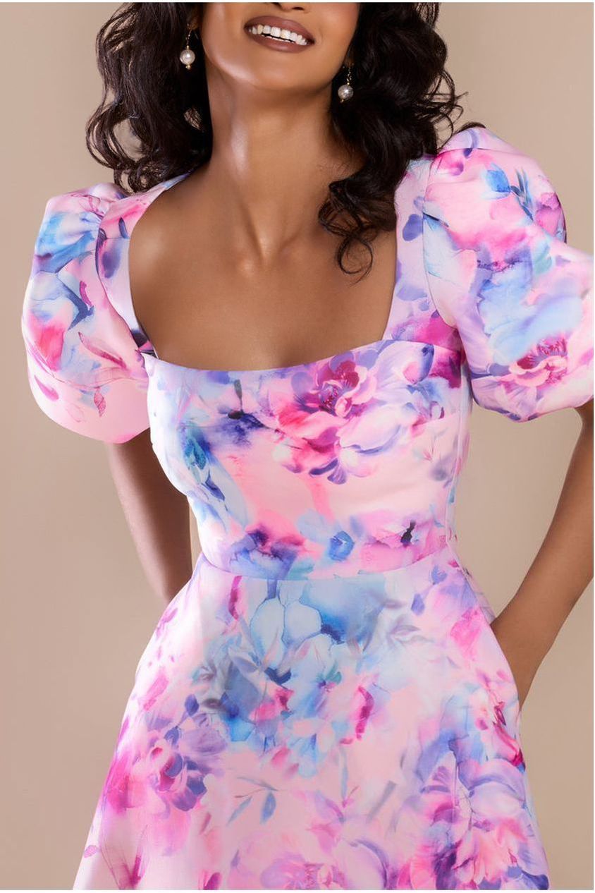 Printed Scuba Square Neck Puff Sleeve Midi Dress - Blush Pink DR4650
