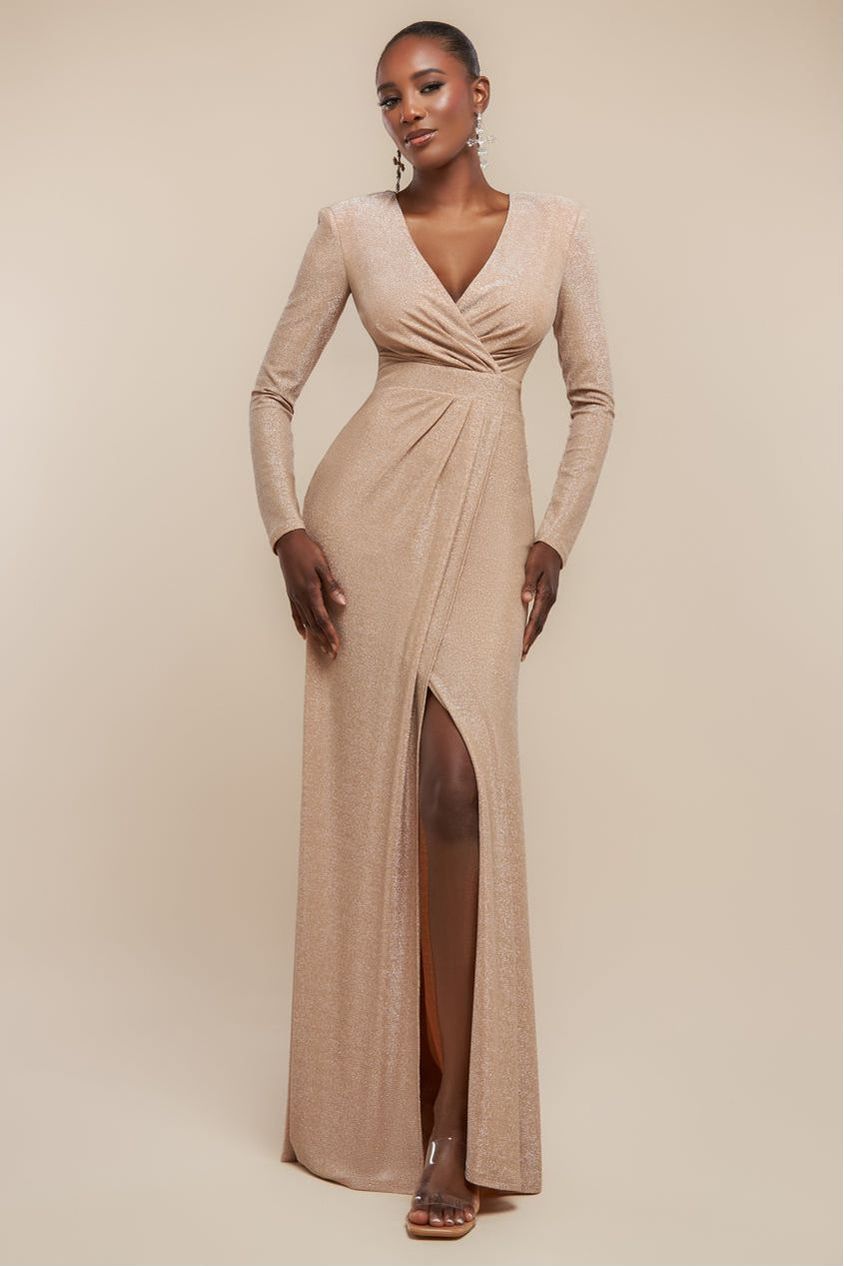 Front Wrap Lurex Bodycon Maxi Dress - Nude DR4657