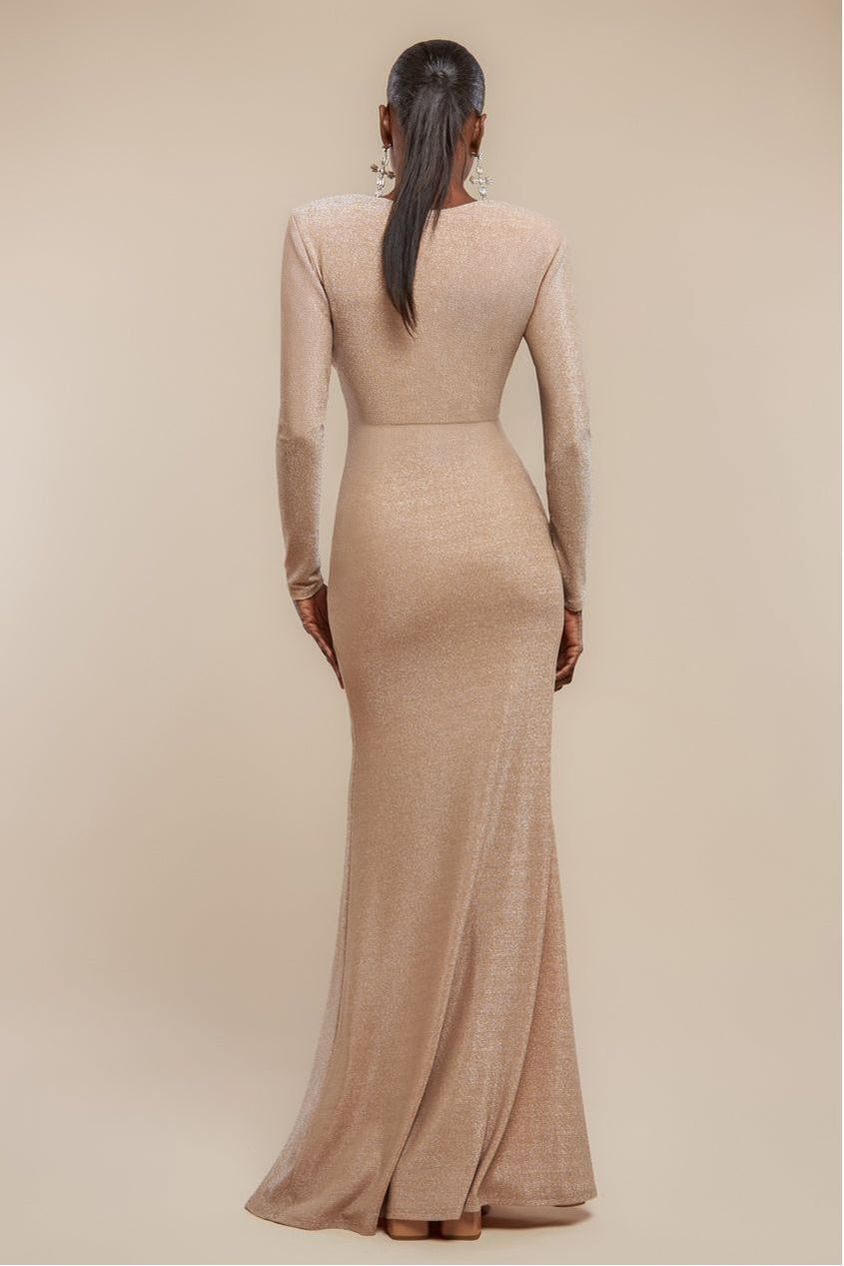 Front Wrap Lurex Bodycon Maxi Dress - Nude DR4657