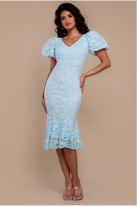Scallop Lace Puff Sleeve Fit & Flare Midi Dress - Sky Blue by Goddiva