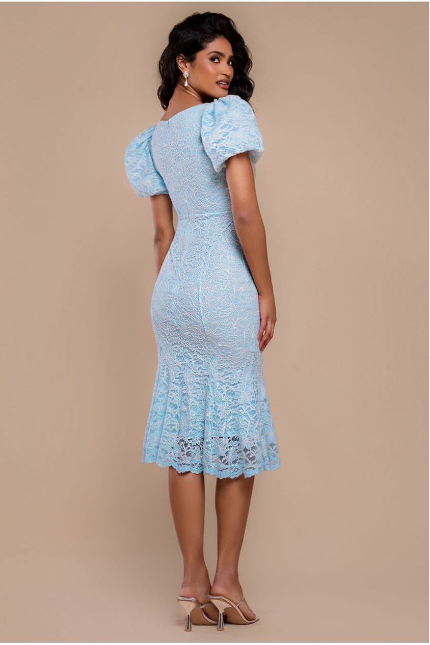 Scallop Lace Puff Sleeve Fit & Flare Midi Dress - Sky Blue DR4694