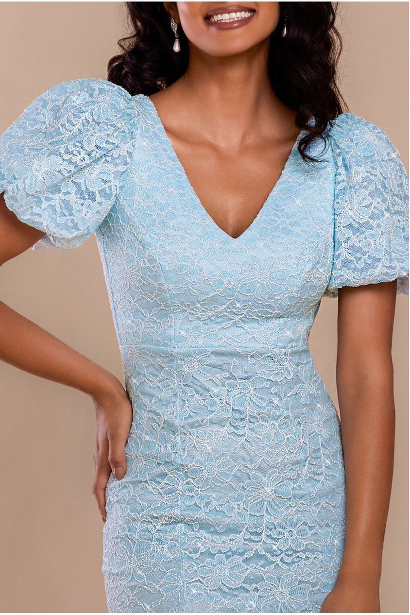 Scallop Lace Puff Sleeve Fit & Flare Midi Dress - Sky Blue DR4694