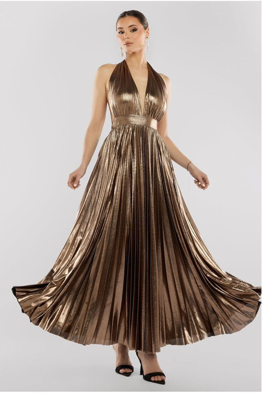 Sunrise Foil Halterneck A-Line Maxi Dress - Bronze DR4697