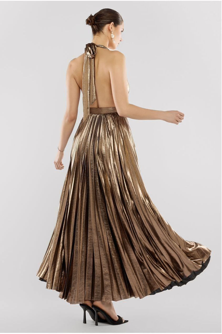 Sunrise Foil Halterneck A-Line Maxi Dress - Bronze DR4697