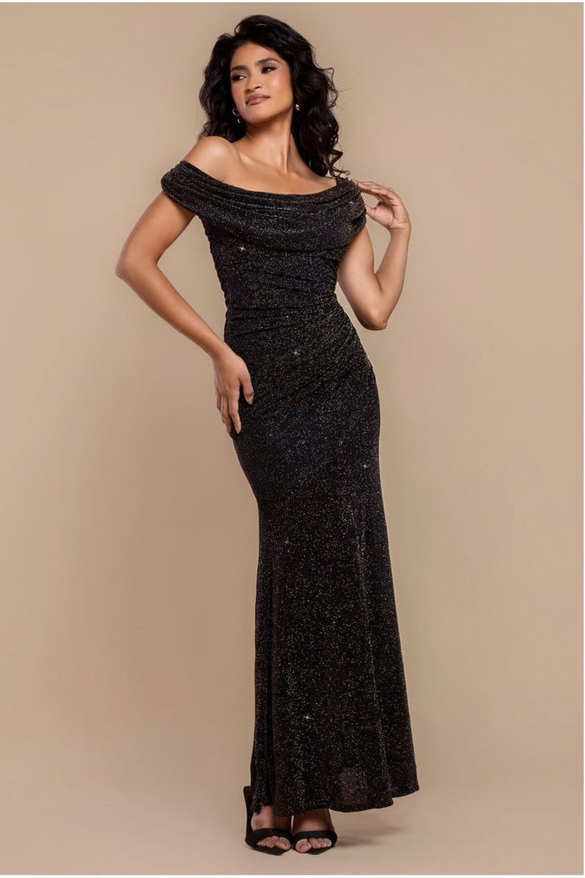 Sparkle Lurex Cowl Neck Off The Shoulder Maxi Dress - Black Gold DR4699