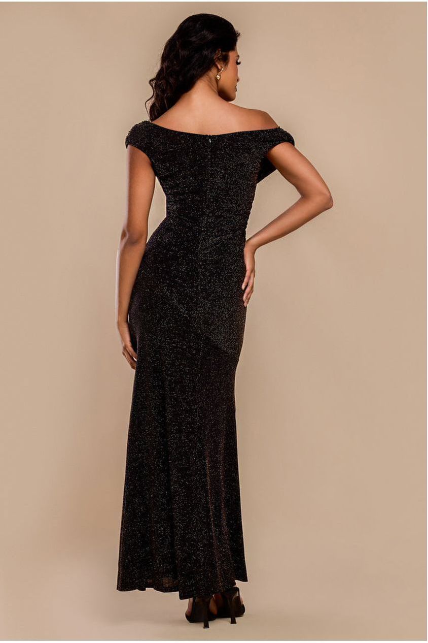 Sparkle Lurex Cowl Neck Off The Shoulder Maxi Dress - Black Gold DR4699