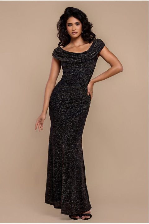 Sparkle Lurex Cowl Neck Off The Shoulder Maxi Dress - Black Gold by Goddiva