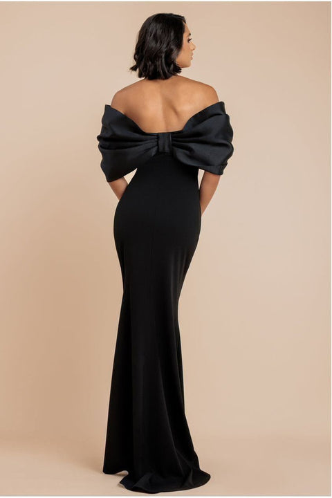 Off Shoulder Back Satin Bow Scuba Maxi Dress - Black by Goddiva