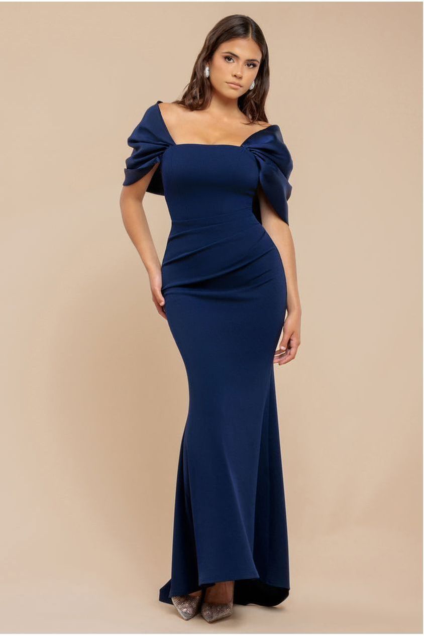 Off Shoulder Back Satin Bow Scuba Maxi Dress - Navy Blue DR4708
