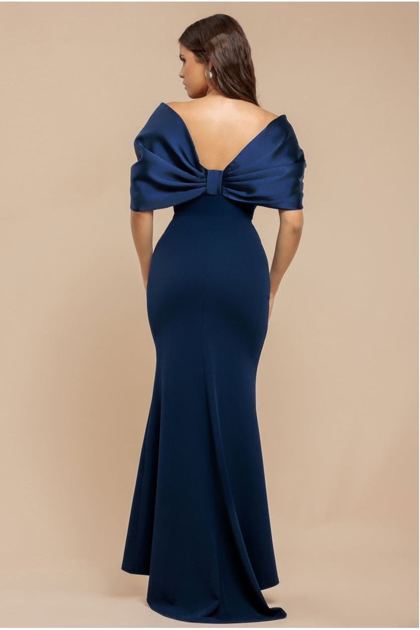 Off Shoulder Back Satin Bow Scuba Maxi Dress - Navy Blue DR4708