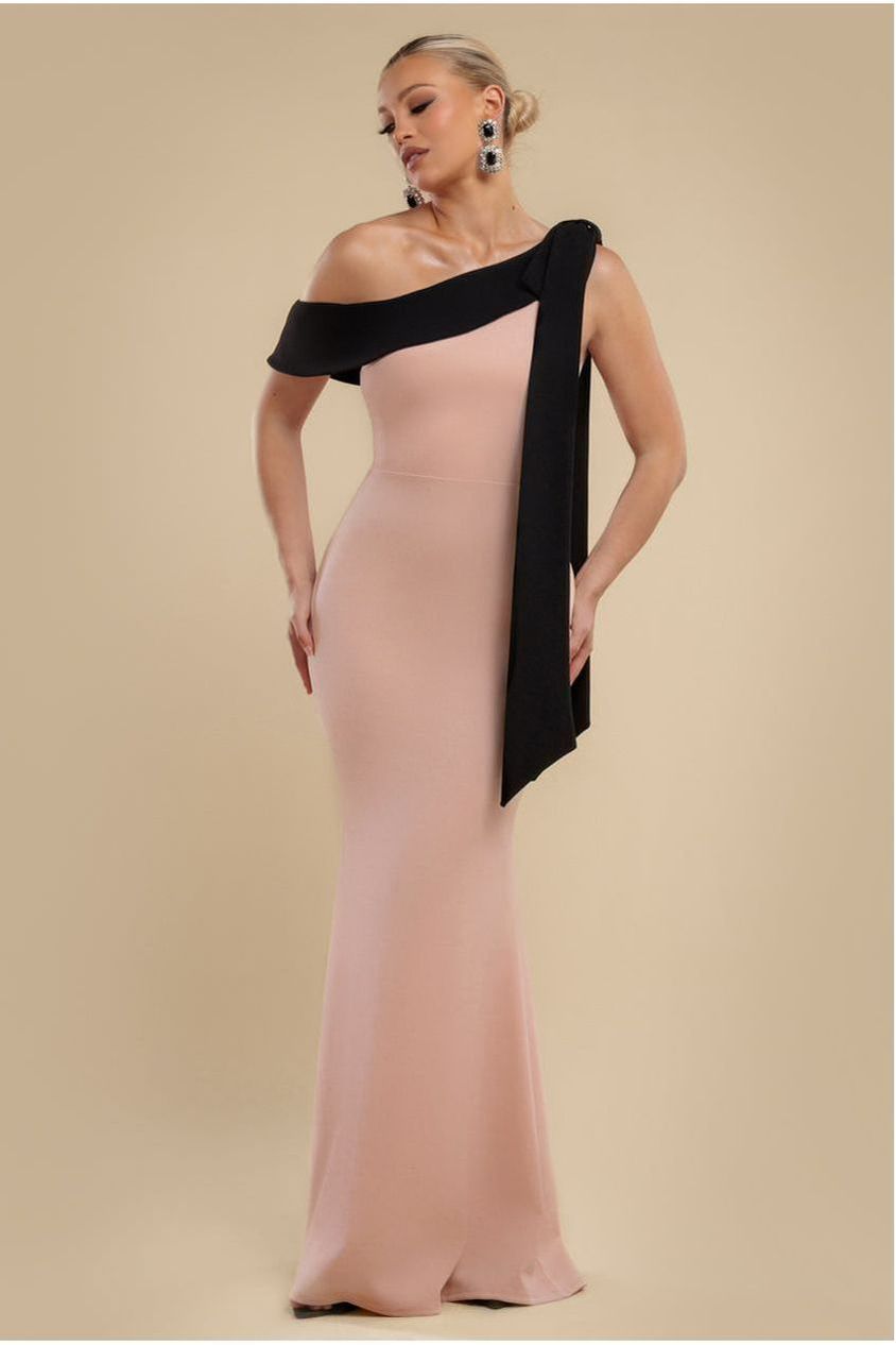 One Shoulder Contrast Bow Maxi Dress - Nude Black DR4717