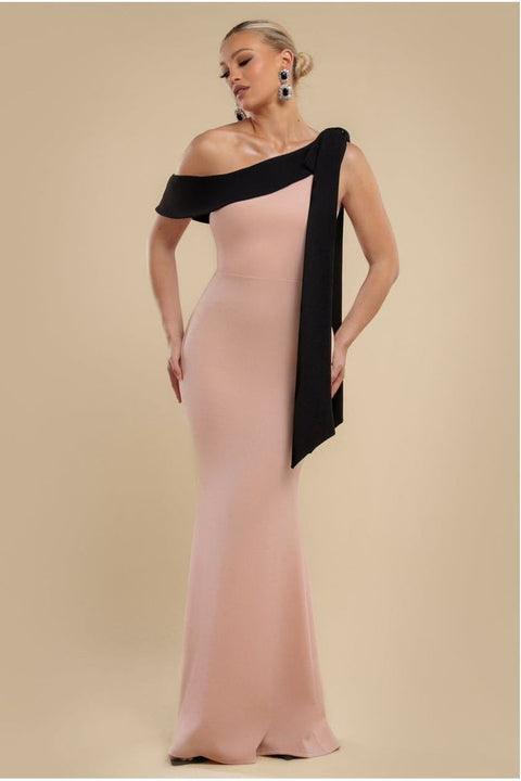 One Shoulder Contrast Bow Maxi Dress - Nude Black by Goddiva