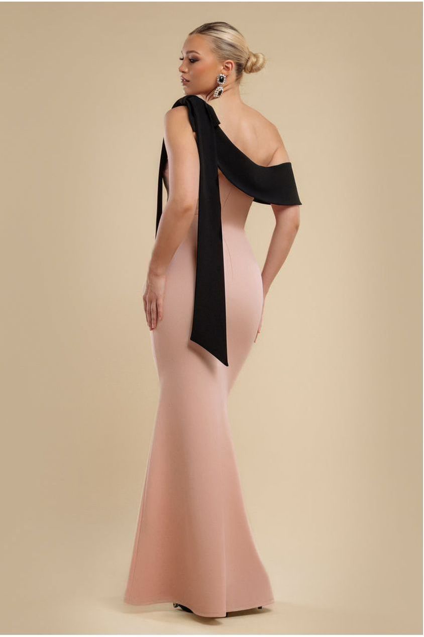 One Shoulder Contrast Bow Maxi Dress - Nude Black DR4717
