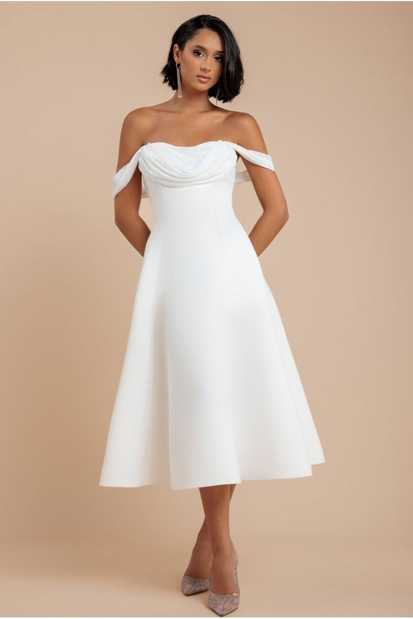 Sparkle Chiffon Cowl Bardot Skater Midi Dress - Cream DR4721