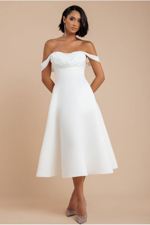 Sparkle Chiffon Cowl Bardot Skater Midi Dress - Cream by Goddiva