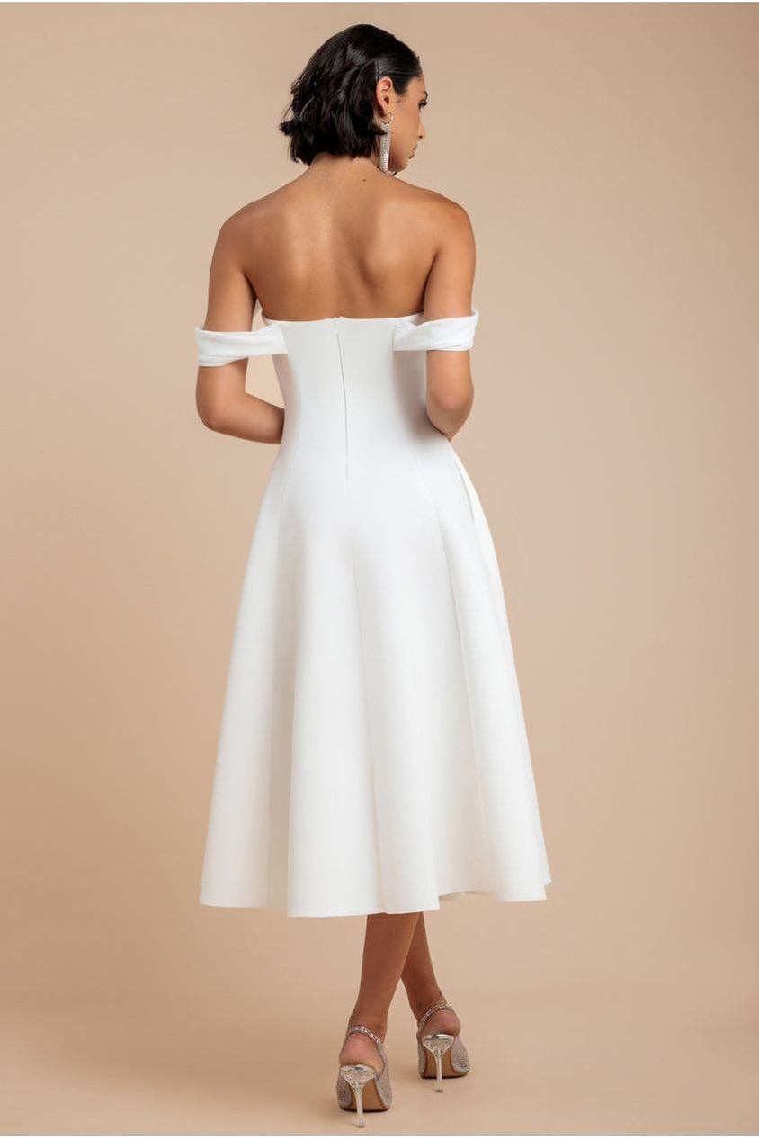 Sparkle Chiffon Cowl Bardot Skater Midi Dress - Cream DR4721