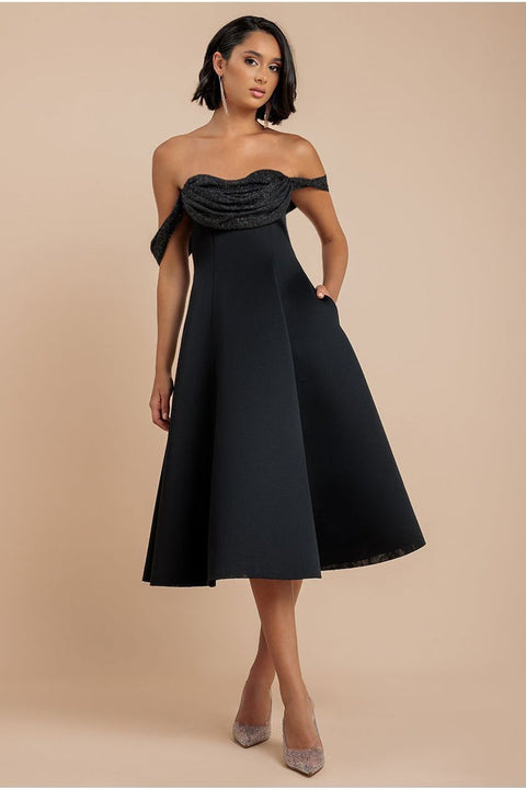 Sparkle Chiffon Cowl Bardot Skater Midi Dress - Black by Goddiva