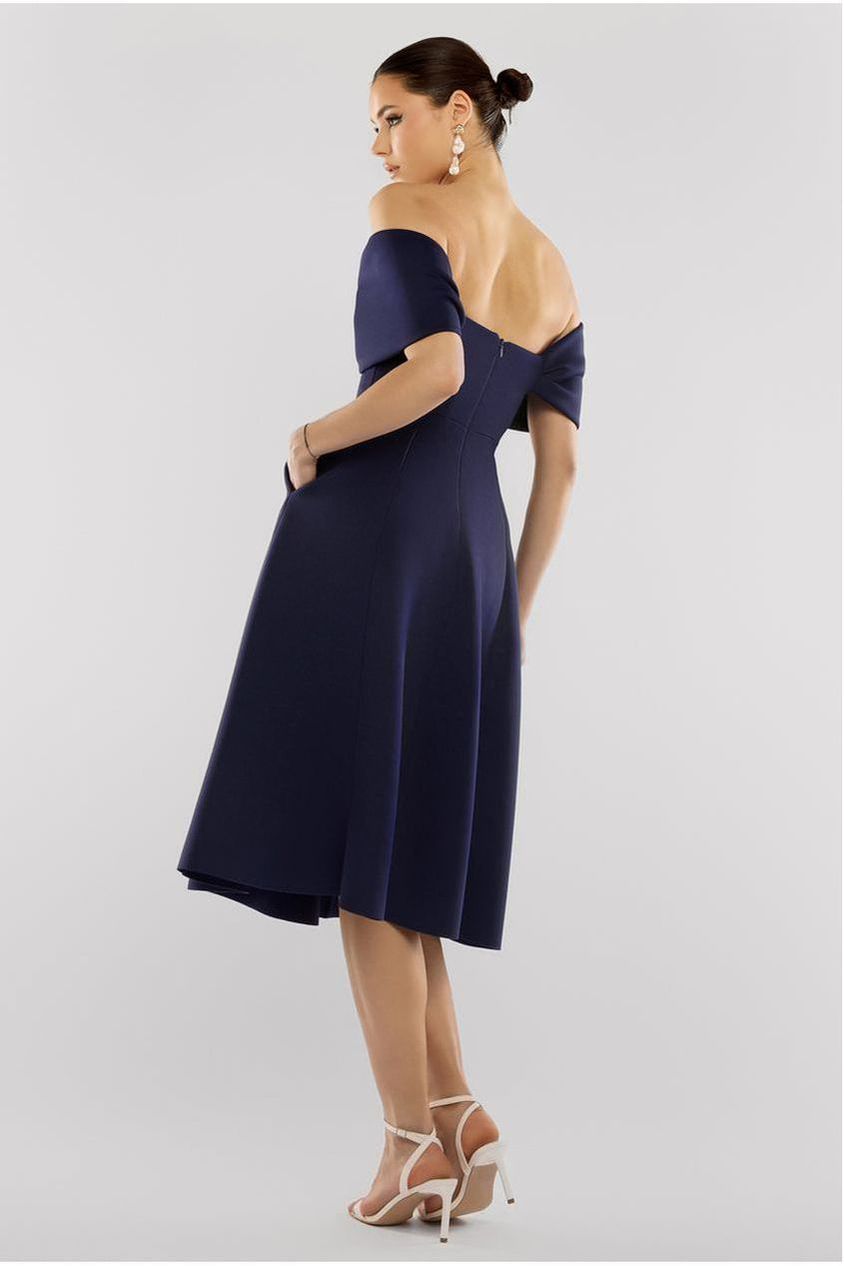 Bow Off The Shoulder A Line Midi Dress - Navy Blue DR4730