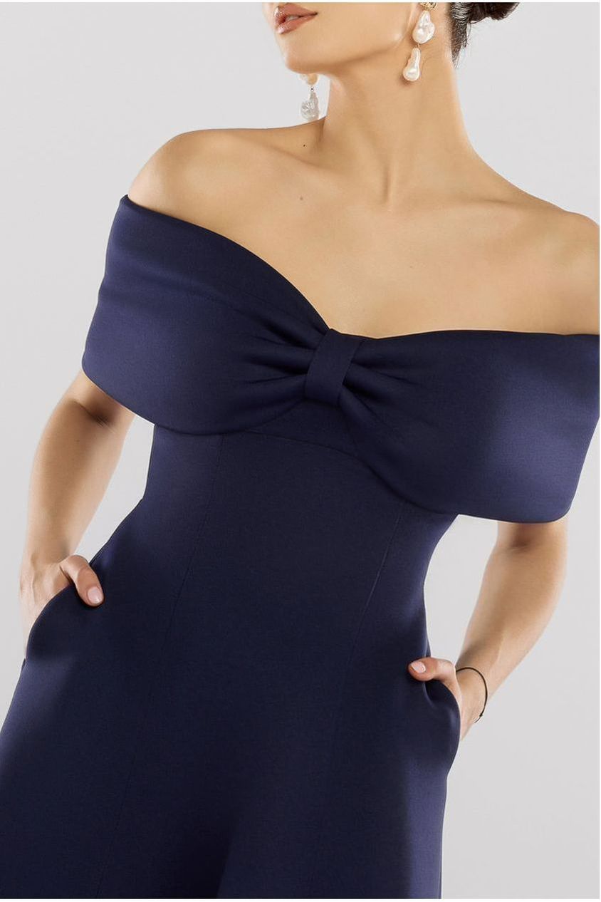 Bow Off The Shoulder A Line Midi Dress - Navy Blue DR4730