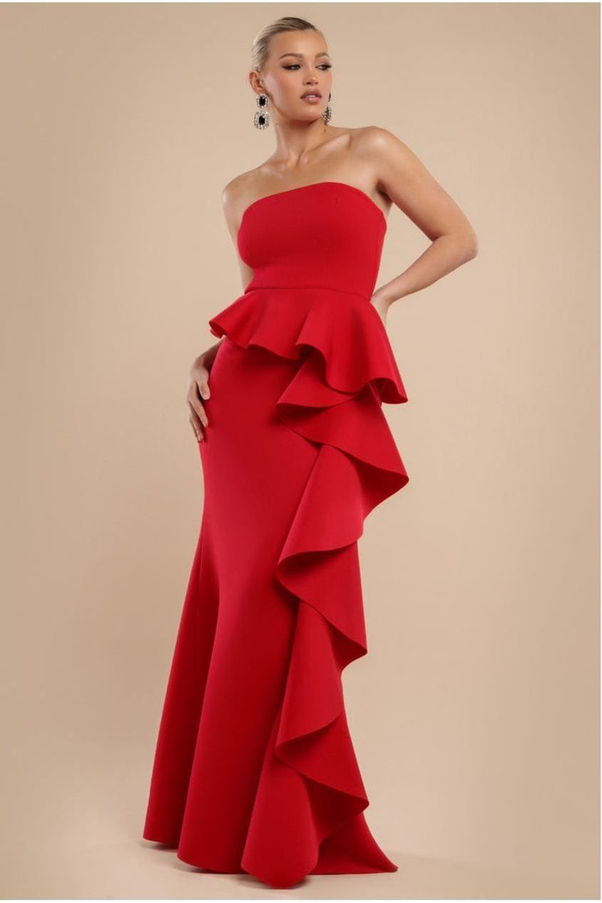 Boobtube Peplum  Waterfall Frill Maxi Dress - Red DR4738