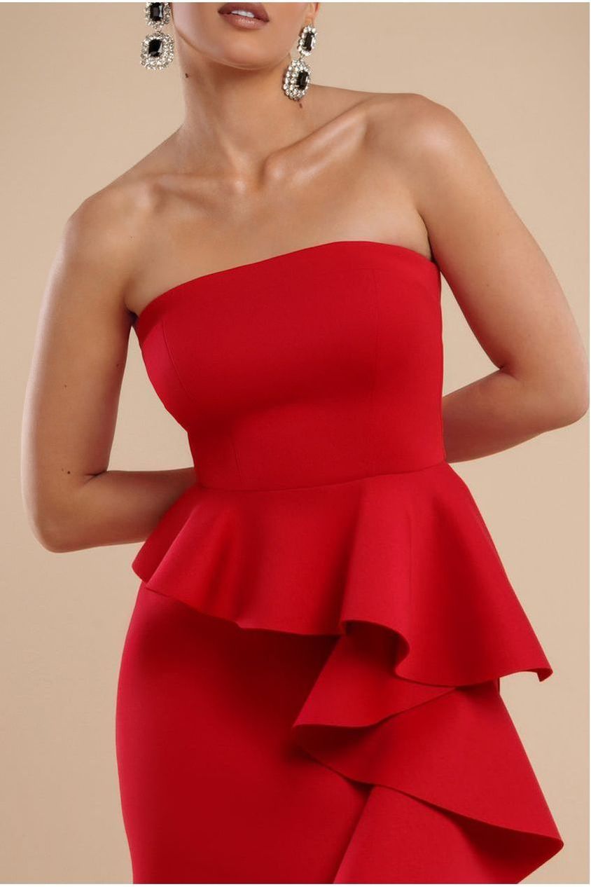 Boobtube Peplum  Waterfall Frill Maxi Dress - Red DR4738