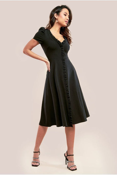 Front Frill Flared Scuba Midi Dress - Black by Goddiva