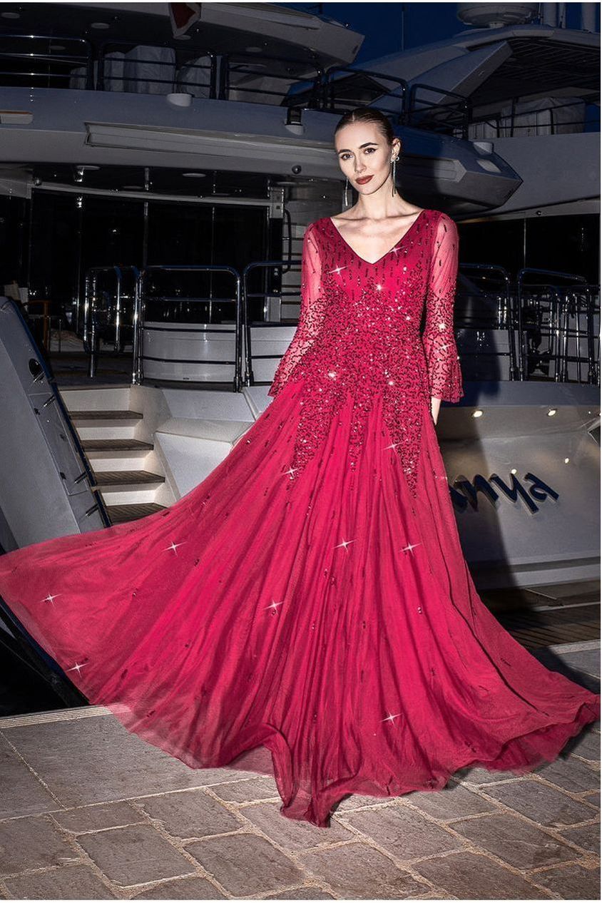 Sunray Hand Embellished Sequin A-Line Bell Sleeve Maxi Dress - Burgundy DR4654