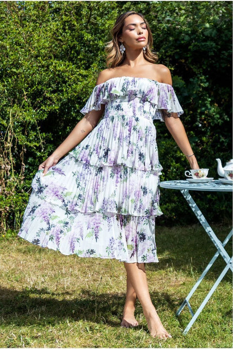 Shirred Chiffon Floral Bardot Midi Dress - Multi by Goddiva